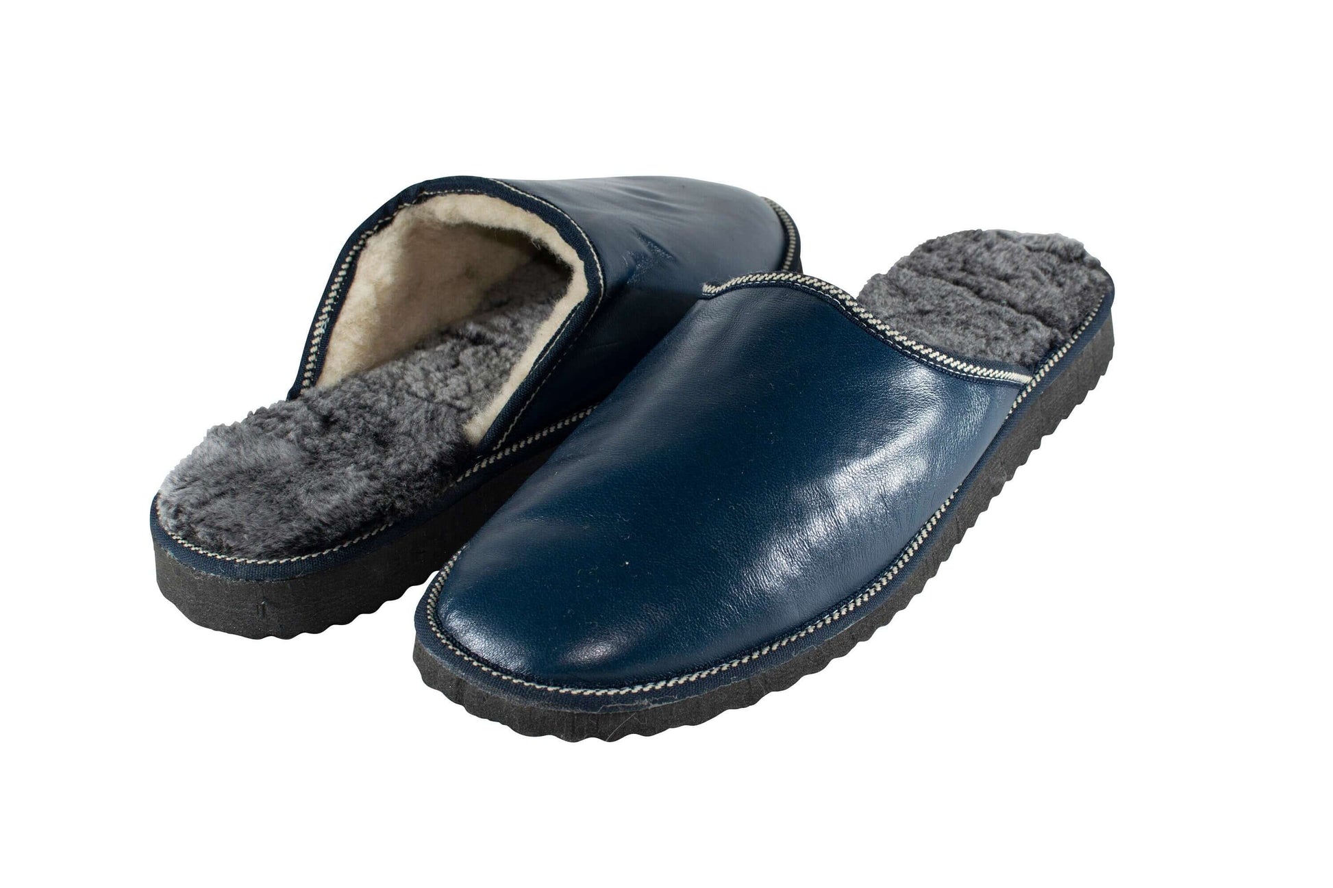 Leather Fur Sheepskin Slippers for Men Blue - Tatifurs, genuine leather, cozy interior, high-quality sole.