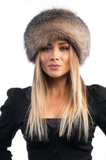 Fox Fur Hat Crystal - Tatifurs worn by a model, showcasing its natural beauty and soft texture.