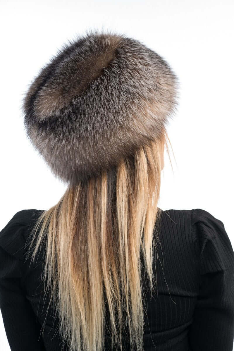 Fox Fur Hat Crystal - Tatifurs worn from the back, showcasing its luxurious natural crystal fox fur.