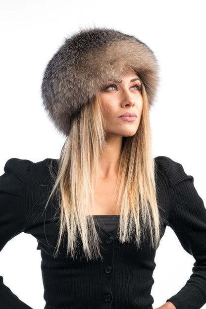 Fox Fur Hat Crystal - Tatifurs showcasing luxurious natural crystal fox fur with soft grey and icy white tones.