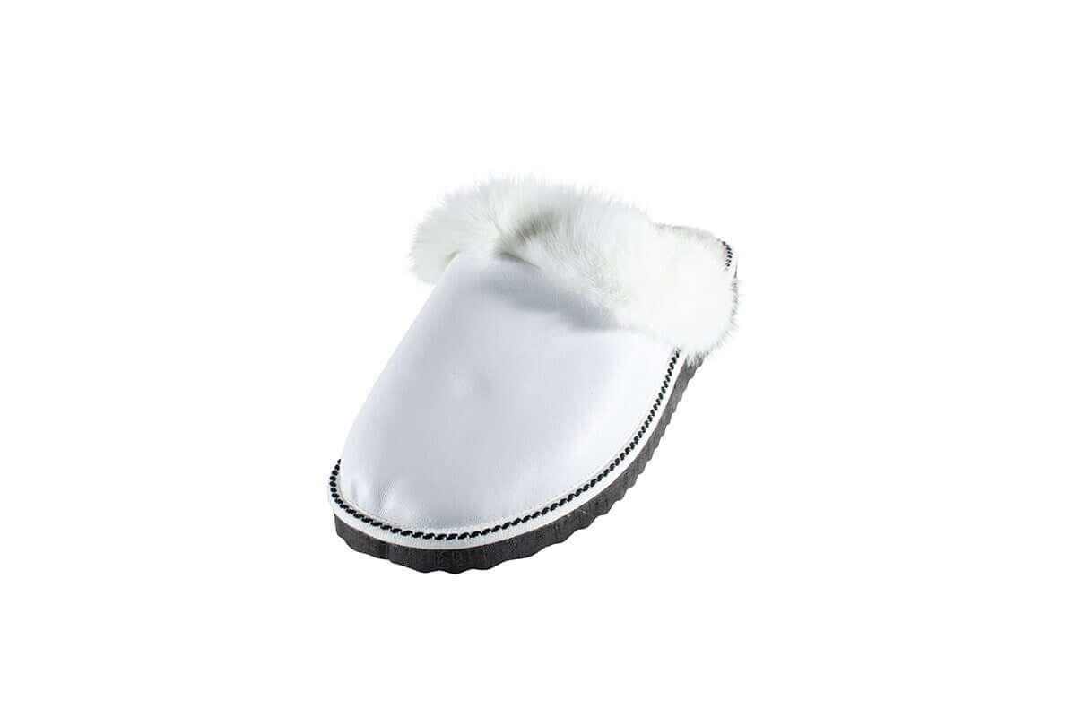 Sheepskin Wool Leather Fur Slippers White for Women with plush fur lining and durable sole for comfort and warmth.