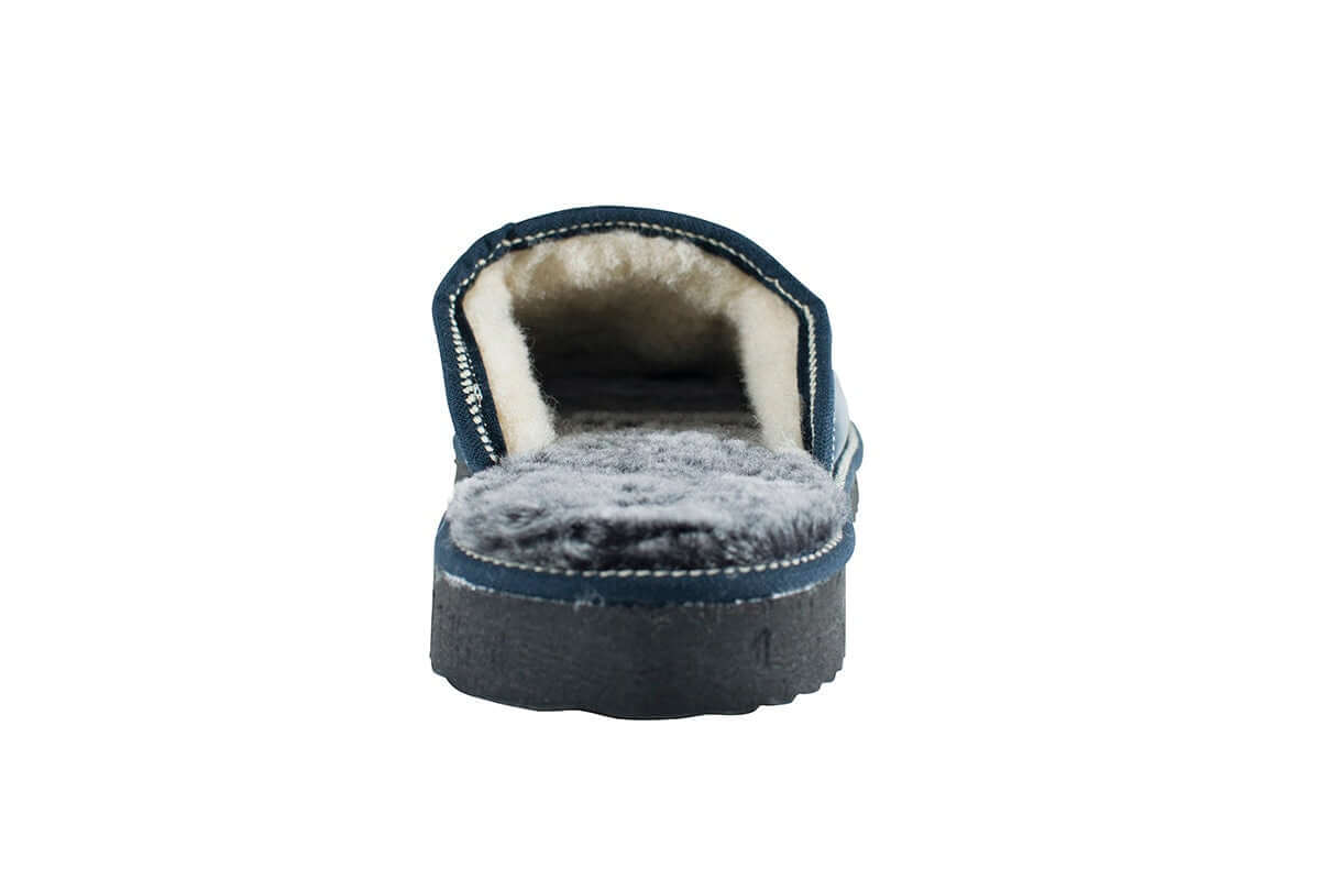 Leather Fur Sheepskin Slippers for Men Blue - Tatifurs, showing luxurious inner lining and soft fur.