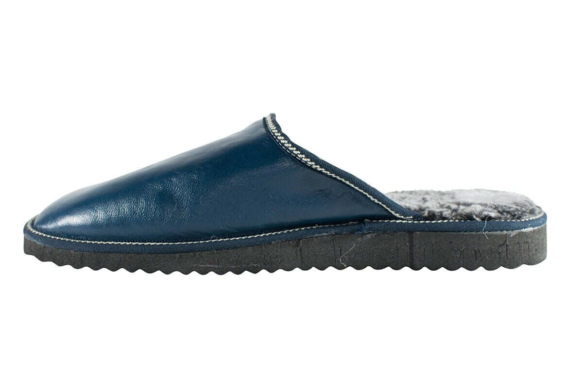Leather Fur Sheepskin Slippers for Men Blue - Tatifurs, featuring genuine leather and cozy fur lining.
