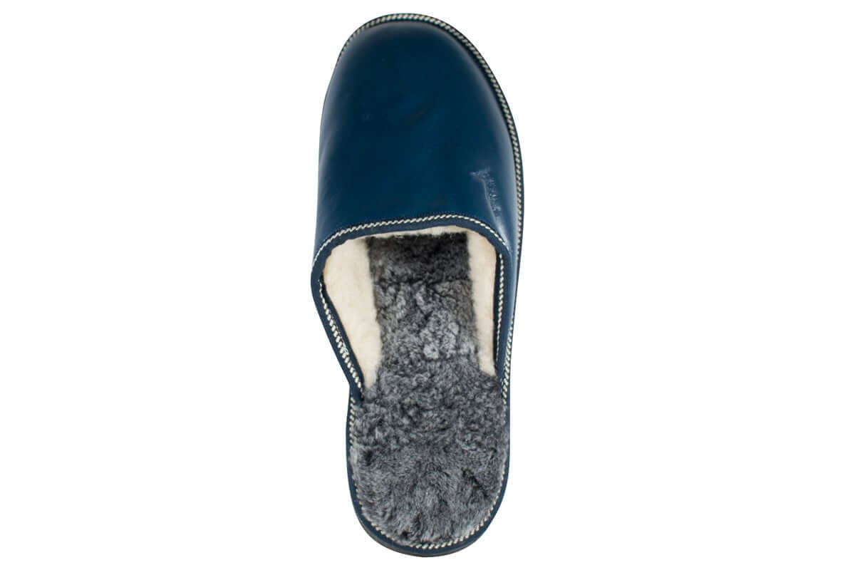 Leather Fur Sheepskin Slippers for Men Blue - Tatifurs, showcasing premium leather and luxurious wool lining.