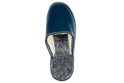Leather Fur Sheepskin Slippers for Men Blue - Tatifurs, showcasing premium leather and luxurious wool lining.