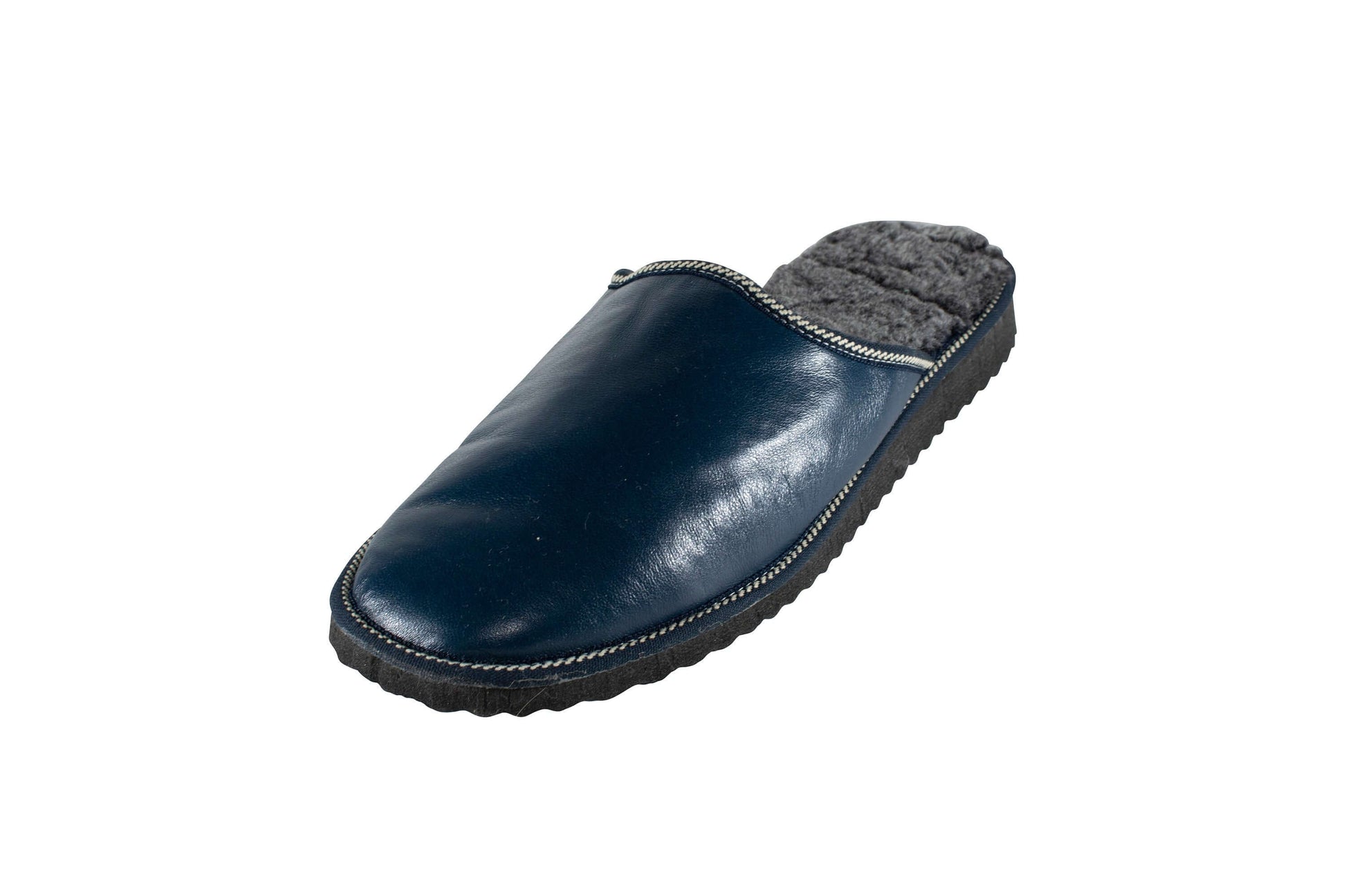 Leather Fur Sheepskin Slippers for Men Blue - Tatifurs showing a luxurious navy blue slipper with soft lining.