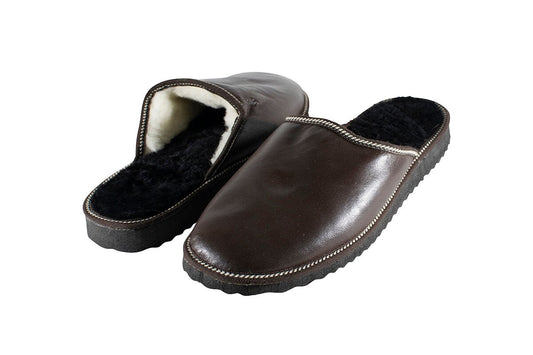 Brown Fur Leather & Sheepskin Slippers
