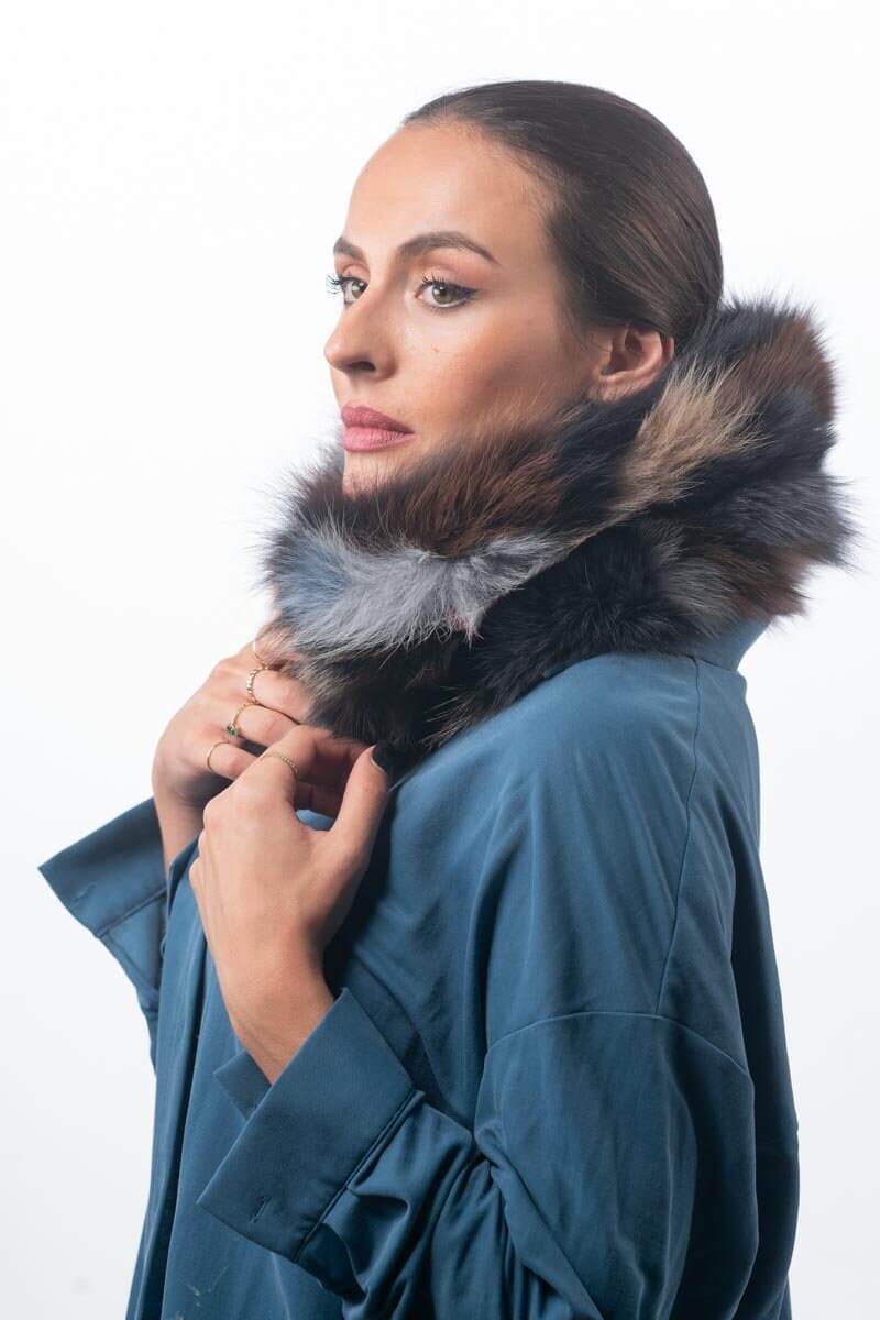 Fox Fur Scarf Neck Warmer Colorful - Tatifurs worn elegantly, showcasing vibrant multicolor fox fur design.