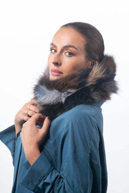 Fox Fur Scarf Neck Warmer Colorful - Tatifurs worn by a model showcasing vibrant colors.