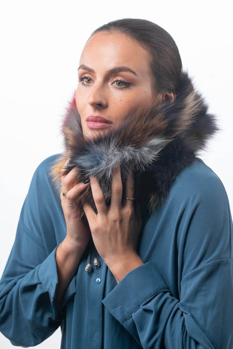 Fox Fur Scarf Neck Warmer Colorful - Tatifurs model showcasing vibrant fur design and style.