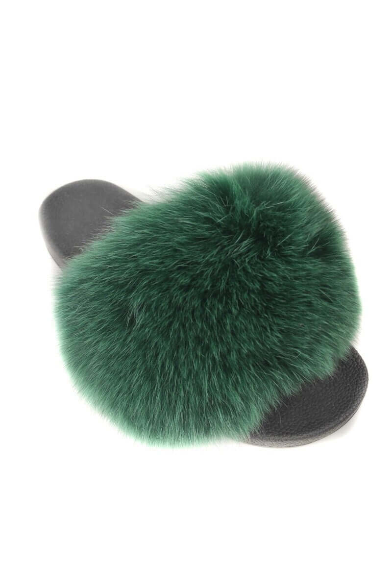 Fox Fur Slides Green - Tatifurs with luxurious green fur for fashionable daily wear.