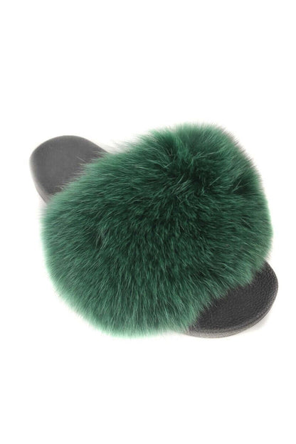 Fox Fur Slides Green - Tatifurs with luxurious green fur for fashionable daily wear.