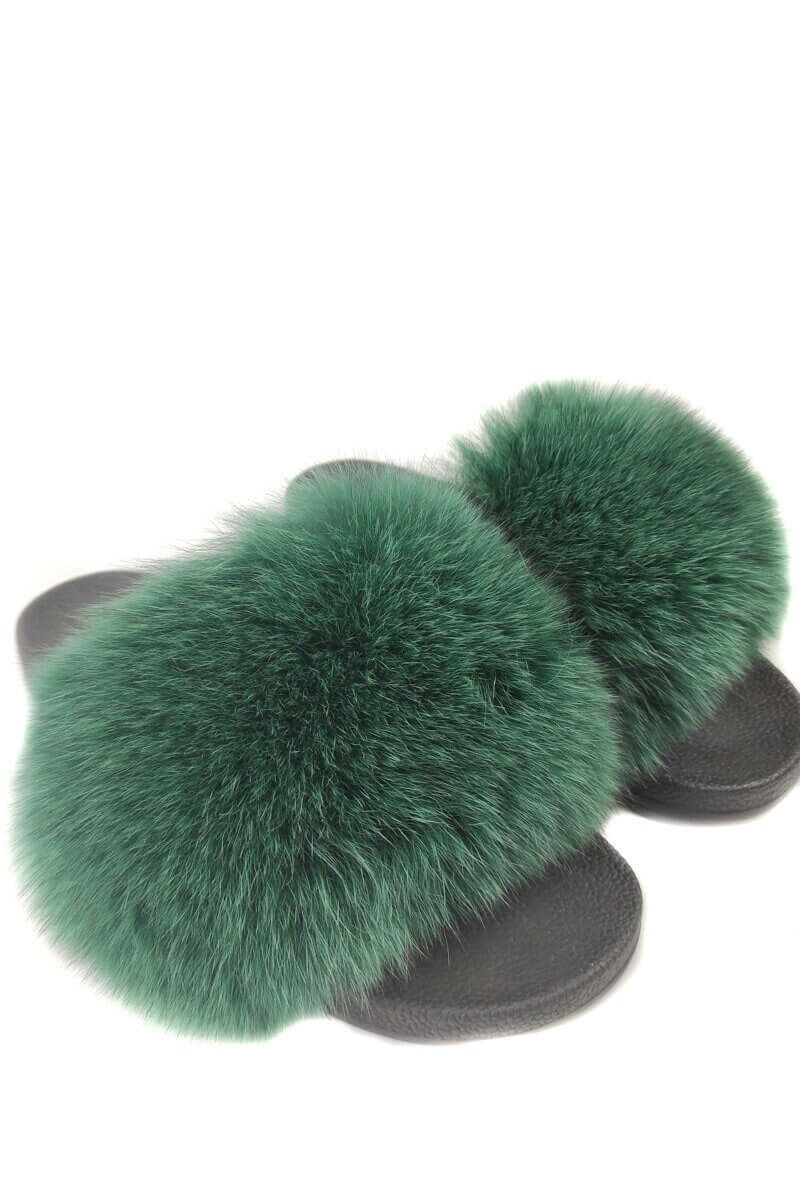 Fox Fur Slides Green - Tatifurs featuring luxurious green fur on trendy slide sandals.