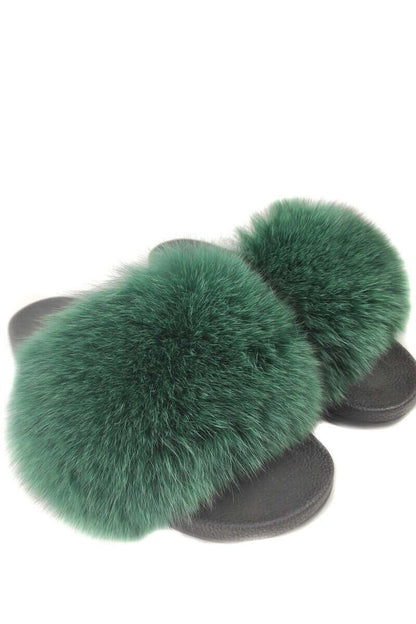 Fox Fur Slides Green - Tatifurs featuring luxurious green fur on trendy slide sandals.