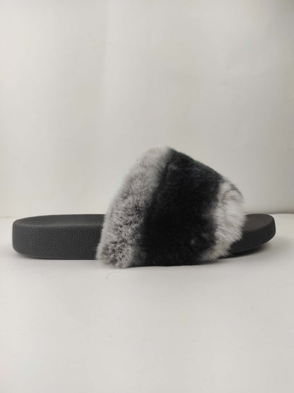 Rabbit Fur Slides Chinchilla Rex - Tatifurs showing luxurious fur and stylish design for women.