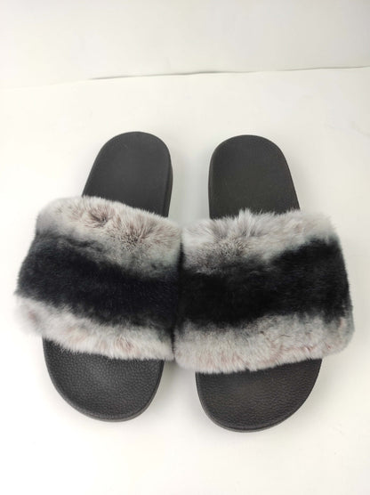 Rabbit Fur Slides Chinchilla Rex - Tatifurs, luxurious grey and black fur sliders for women.