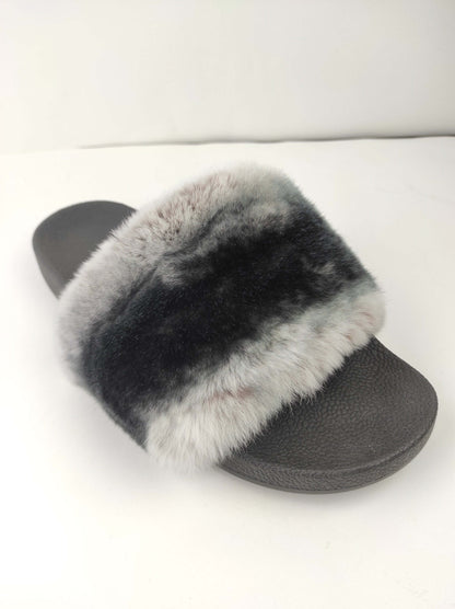 Rabbit Fur Slides Chinchilla Rex - Tatifurs with luxurious fur and comfortable sole, perfect for stylish everyday wear.