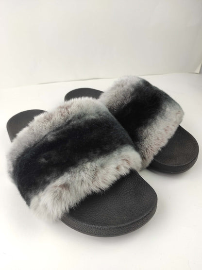 Rabbit Fur Slides Chinchilla Rex - Tatifurs in stylish black and grey fur design, perfect for luxury and comfort.