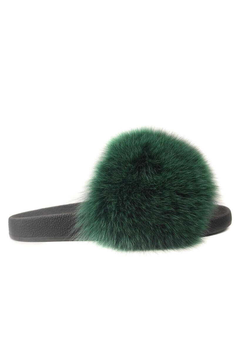 Fox Fur Slides Green - Tatifurs with fluffy green fur, perfect for glamorous everyday wear.