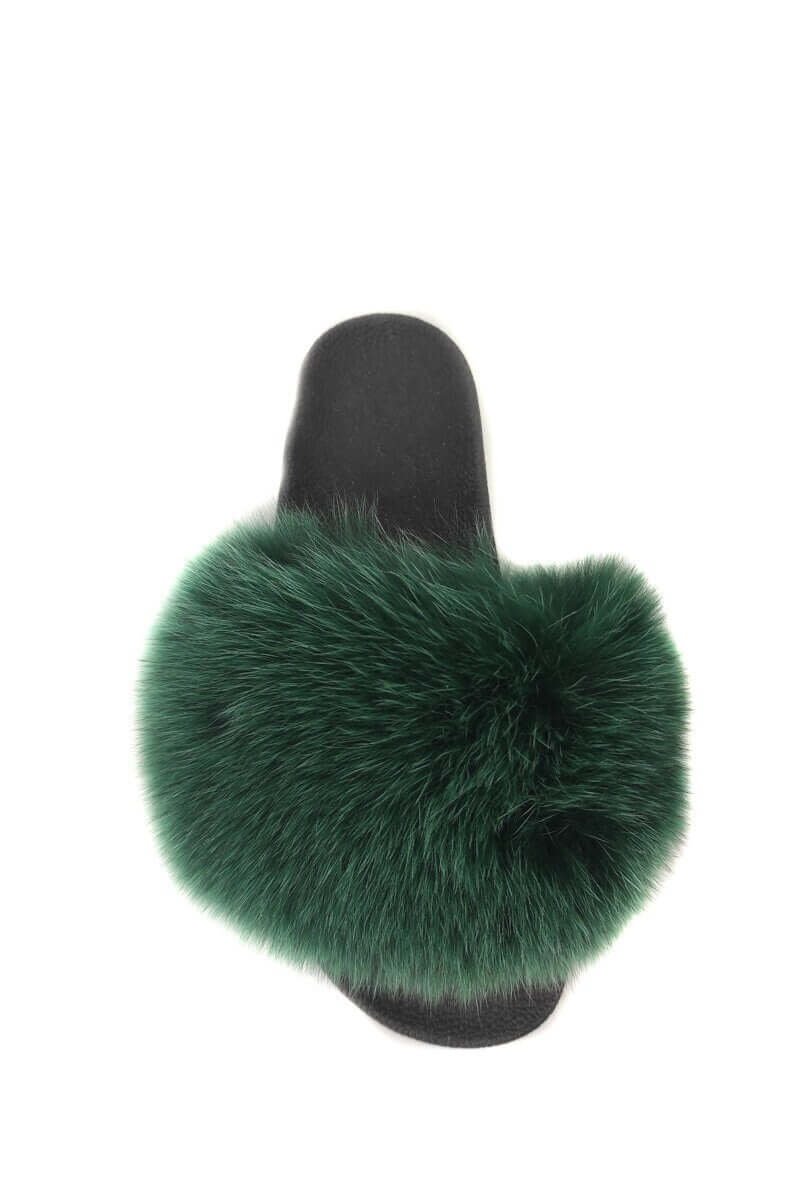 Fox Fur Slides Green - Tatifurs featuring luxurious green fur and sleek black sole.