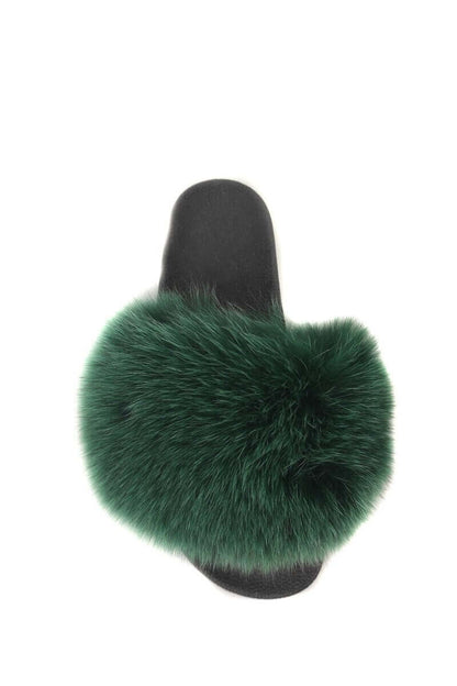 Fox Fur Slides Green - Tatifurs featuring luxurious green fur and sleek black sole.