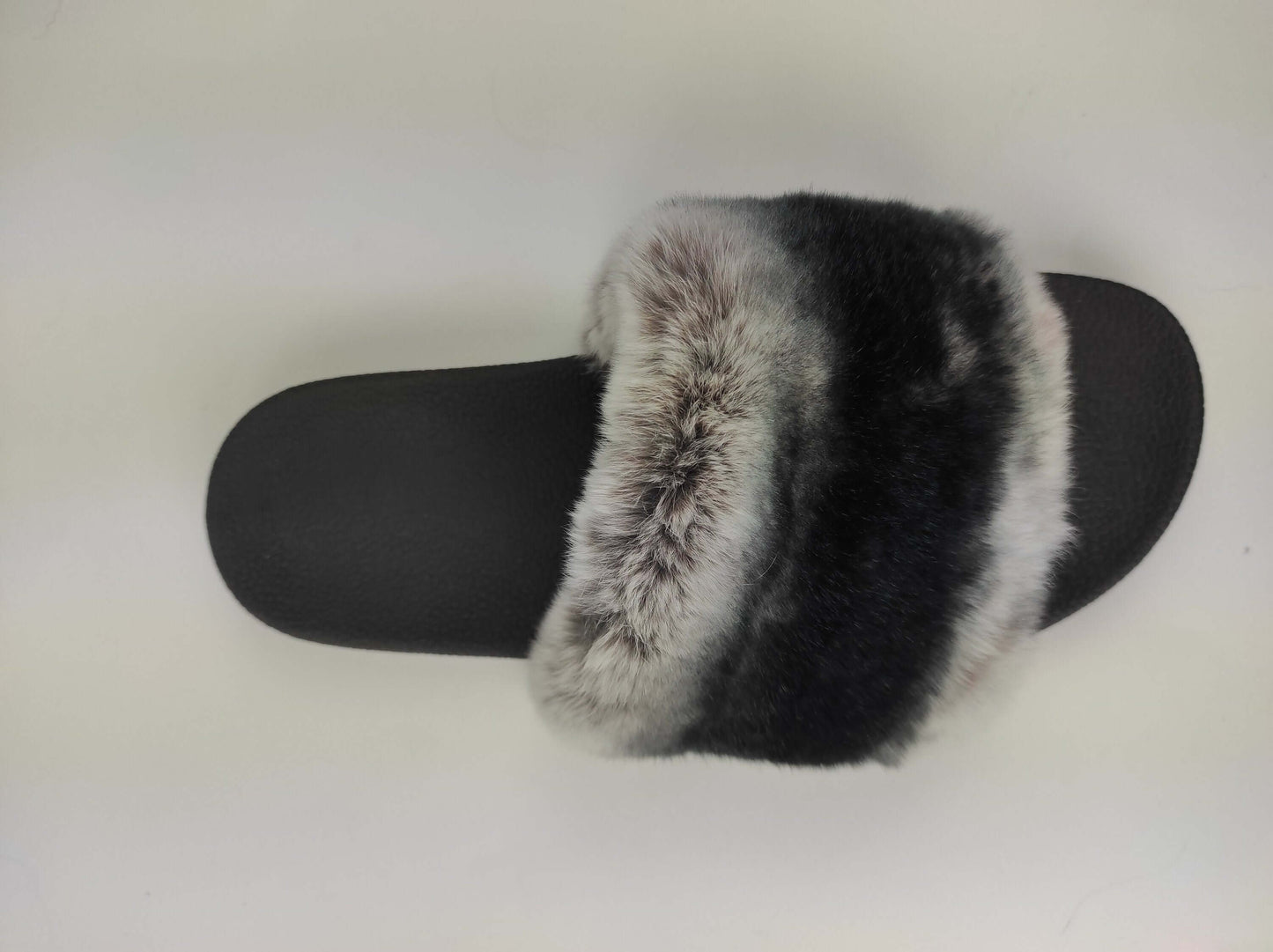 Rabbit Fur Slides Chinchilla Rex - Tatifurs top view of luxurious fur slide with black sole.