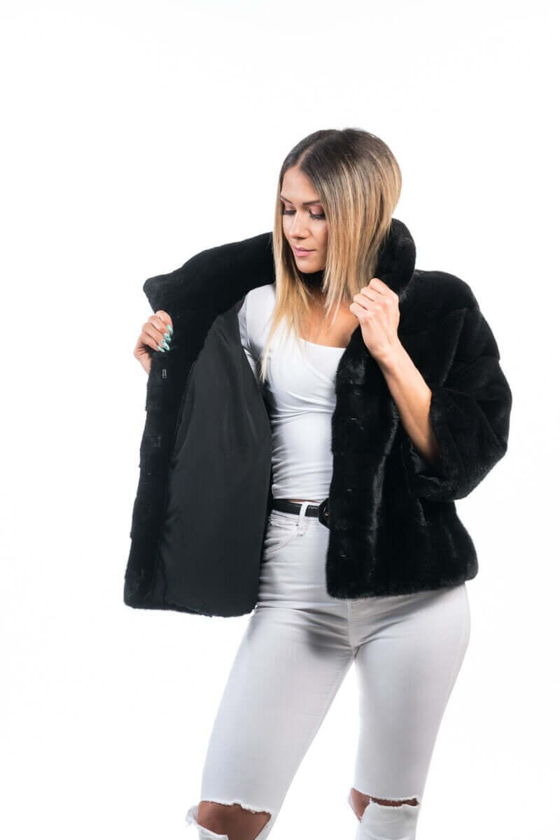 Mink Fur Jacket Black with collar - Tatifurs shown worn open, highlighting its elegant design and luxurious black mink fabric.