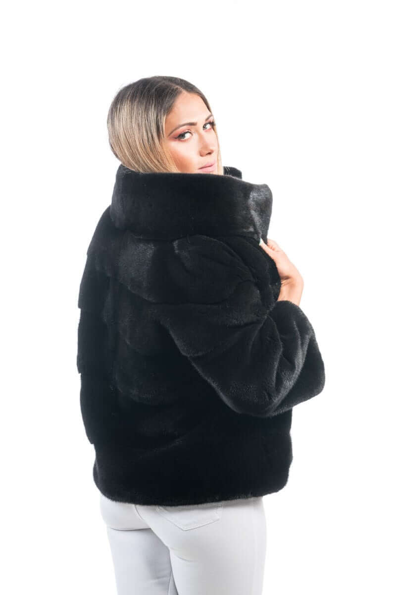 Mink Fur Jacket Black with collar - Tatifurs, short black mink jacket with collar showcasing elegance and style.
