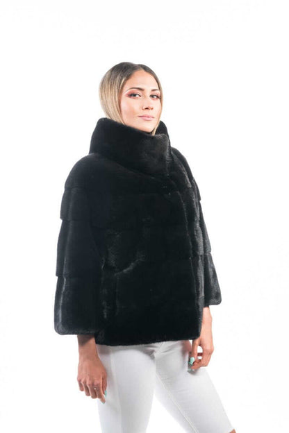 Mink Fur Jacket Black with collar - Tatifurs worn by a model, showcasing the stylish collar and elegant design.