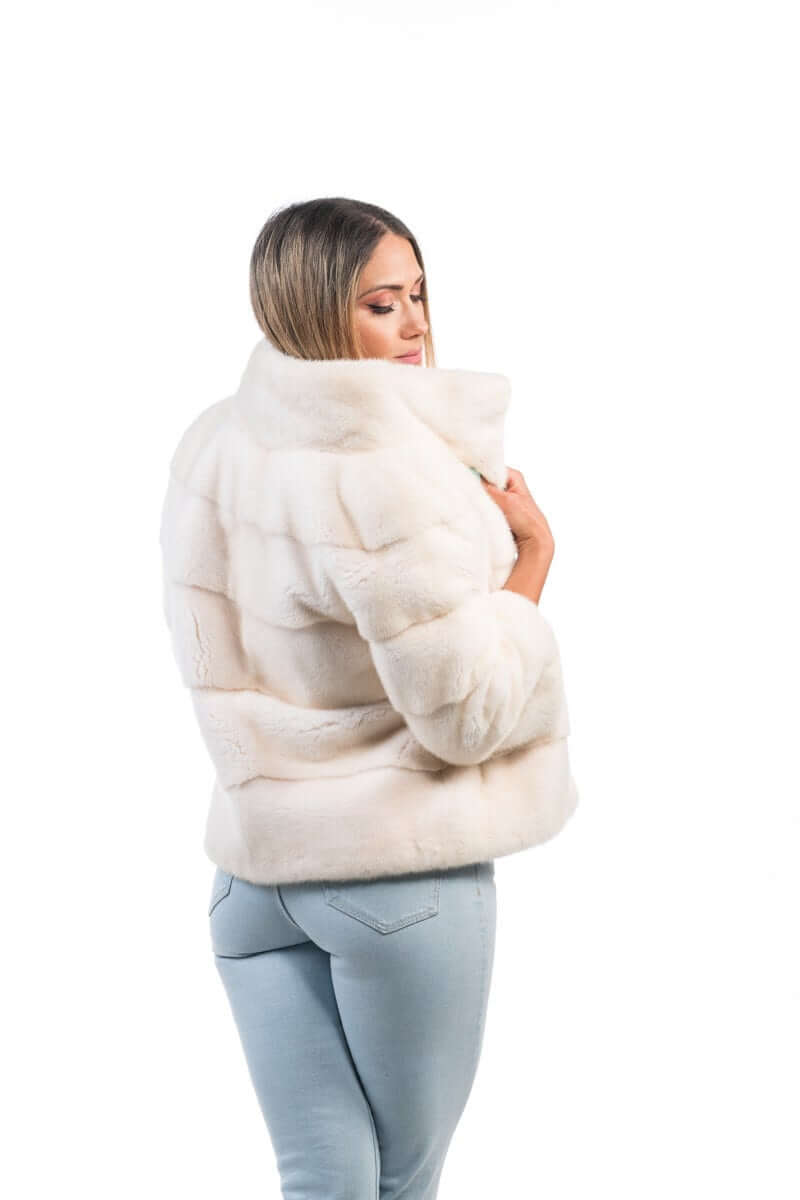 Mink Fur Jacket Cream - Tatifurs worn from the back, showcasing the luxurious natural mink fur and elegant collar.