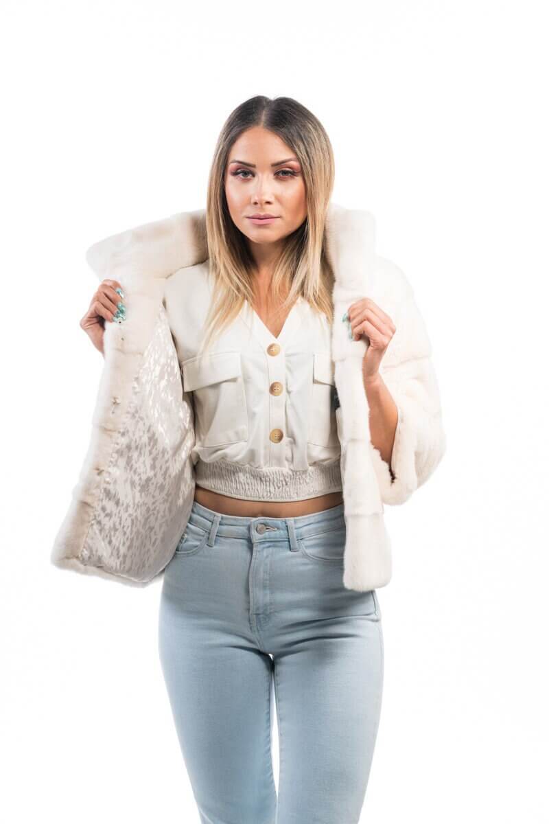 Model wearing Mink Fur Jacket Cream - Tatifurs, showcasing the elegant short design and luxurious mink collar.