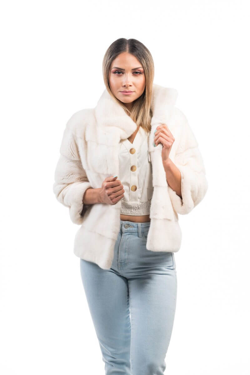 Mink Fur Jacket Cream - Tatifurs worn by model, showcasing short pure white natural mink fur design.