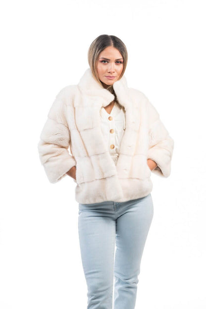 Mink Fur Jacket Cream - Tatifurs worn by a model, showcasing the luxurious natural mink collar and short design.