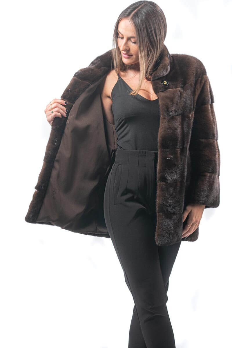 Mink Fur Coat Brown Natural - Tatifurs worn by a model showcasing the luxurious design and full skin construction.