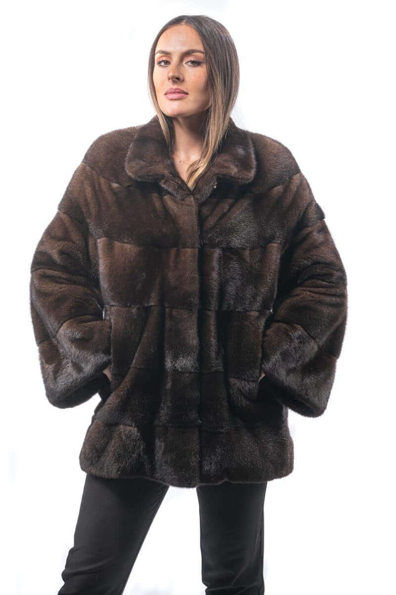 Mink Fur Coat Brown Natural - Tatifurs, luxurious natural brown mink fur coat on model.