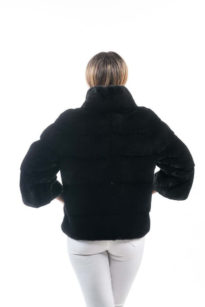 Mink Fur Jacket Black with collar - Tatifurs, short black mink jacket back view with a stylish collar.