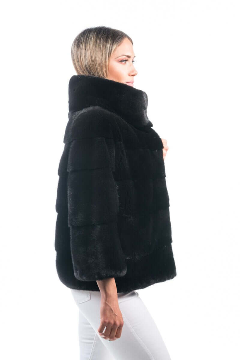 Mink Fur Jacket Black with collar - Tatifurs, elegant black mink fur jacket with a stylish collar.