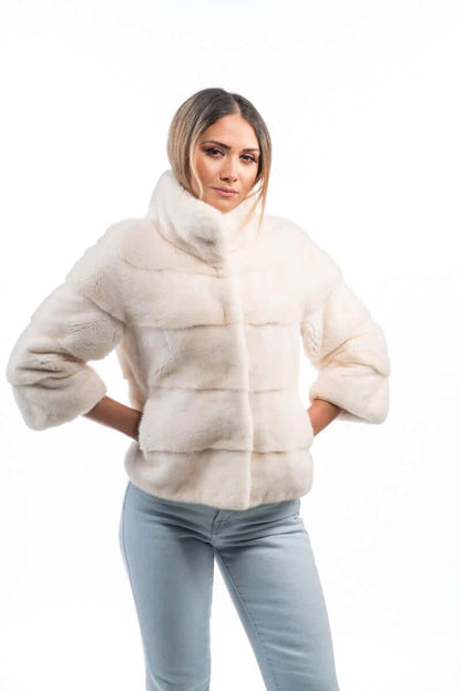 Mink Fur Jacket Cream - Tatifurs worn by model, showcasing luxurious pure white natural mink fabric.
