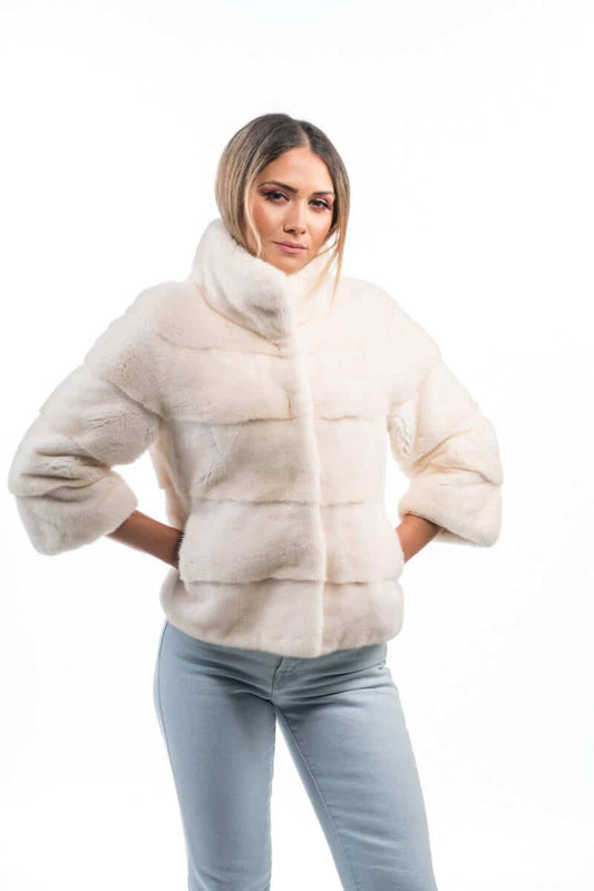 Mink Fur Jacket Cream - Tatifurs worn by model, showcasing luxurious pure white natural mink fabric.