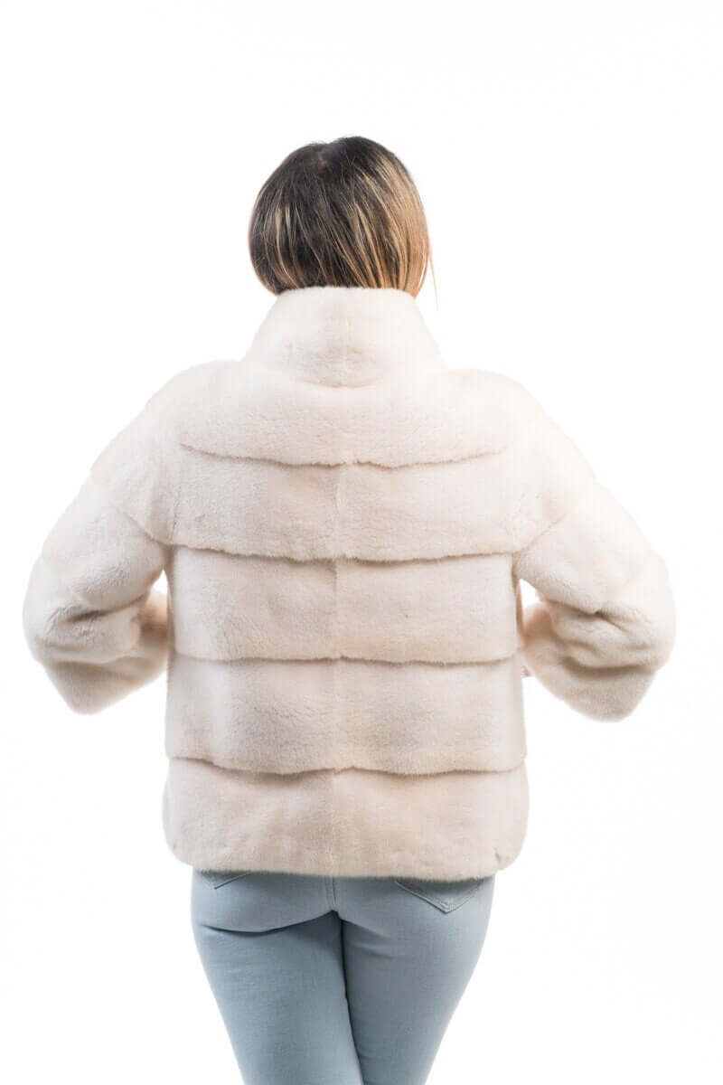 Mink Fur Jacket Cream - Tatifurs shown from the back, showcasing its luxurious white mink fur and elegant design.