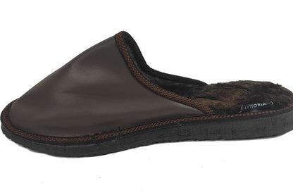 Leather Fur Sheepskin Slippers Brown for Men - Tatifurs side view showcasing genuine leather and cozy interior.