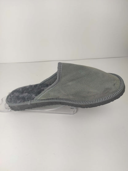 Leather Fur Sheepskin Slippers for Men Gray - Tatifurs side view showcasing soft interior and durable sole.