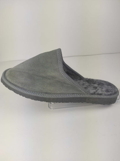 Leather Fur Sheepskin Slippers for Men Gray - Tatifurs side view, showcasing the soft lining and elegant gray design.