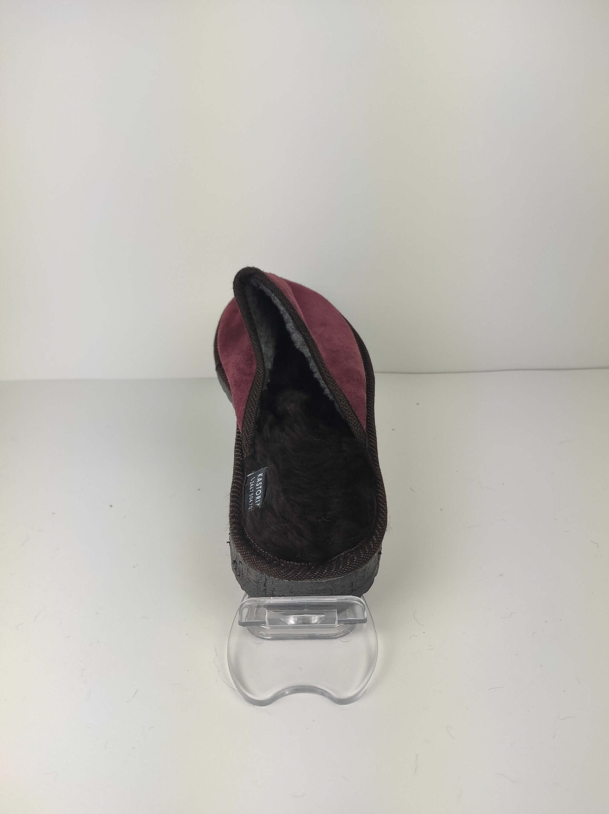 Leather Fur Sheepskin Slippers for Men Burgundy viewed from the back showcasing luxurious interior and high-quality design.