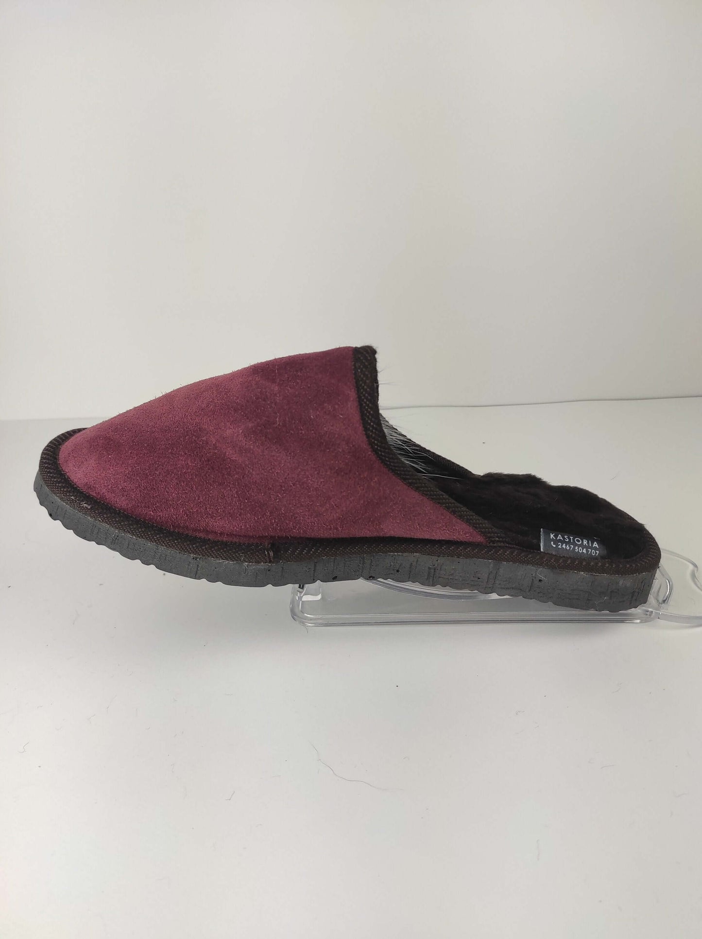 Leather Fur Sheepskin Slippers for Men Burgundy displayed side view on a clear stand.