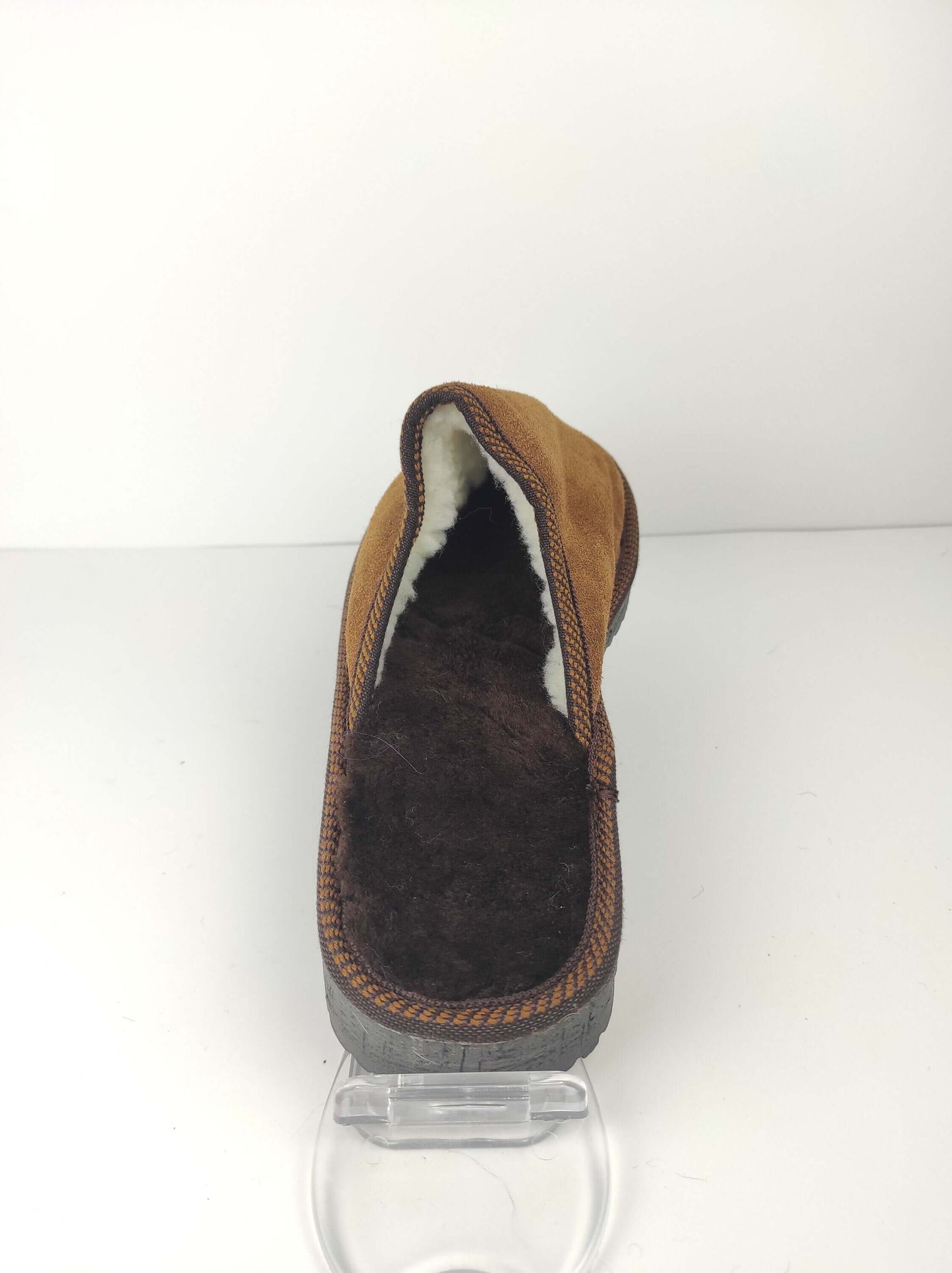 Leather Fur Sheepskin Brown Slippers for Men - Tatifurs back view showcasing soft lining and durable sole.