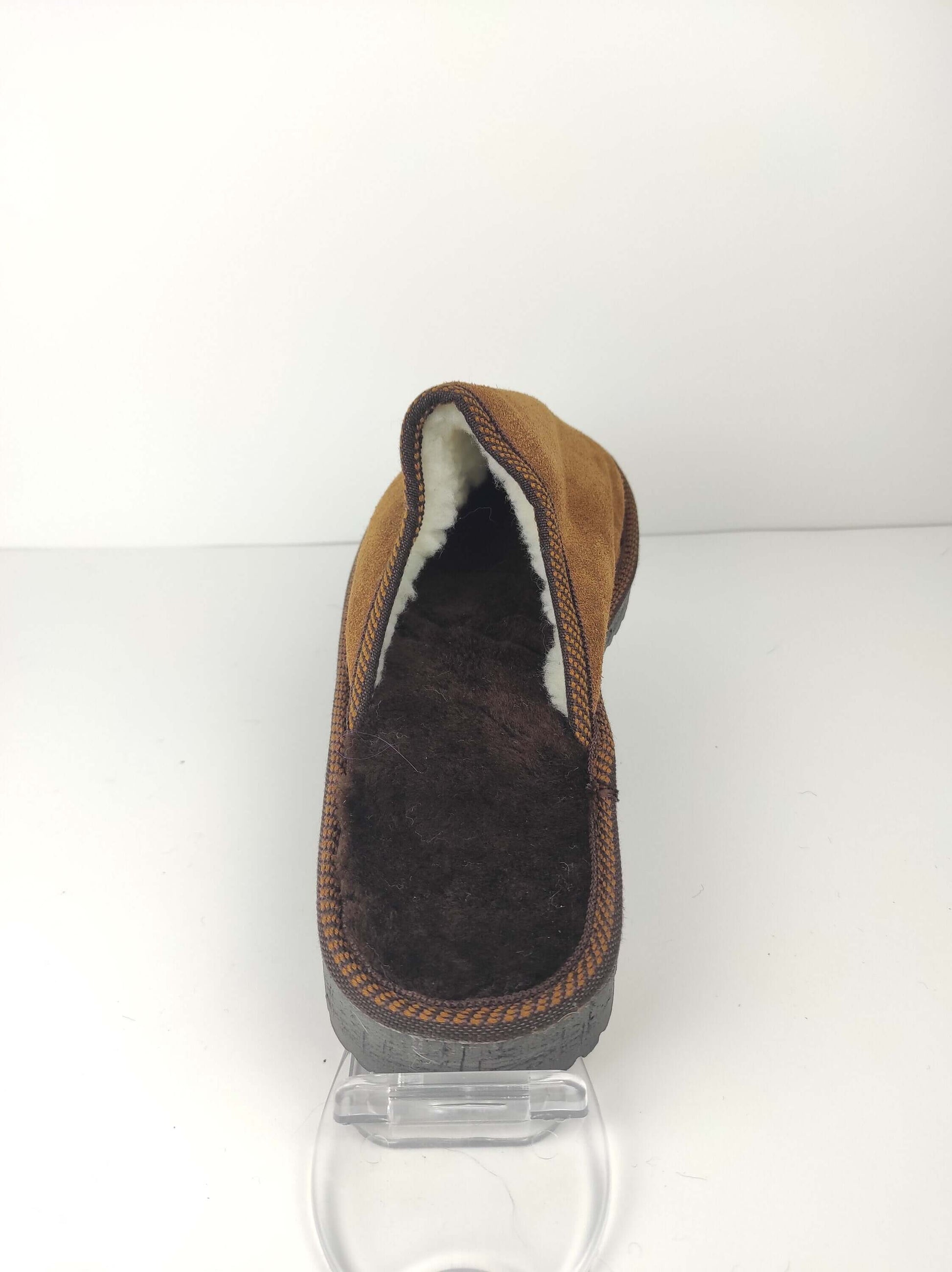 Leather Fur Sheepskin Brown Slippers for Men - Tatifurs back view showcasing soft lining and durable sole.