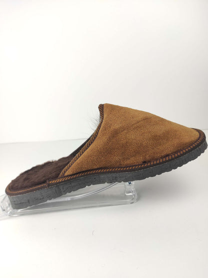 Leather Fur Sheepskin Brown Slippers for Men - Tatifurs side view with soft fur lining and durable sole.