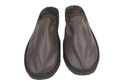 Leather Fur Sheepskin Slippers Brown for Men - Tatifurs, showcasing luxurious comfort and style.
