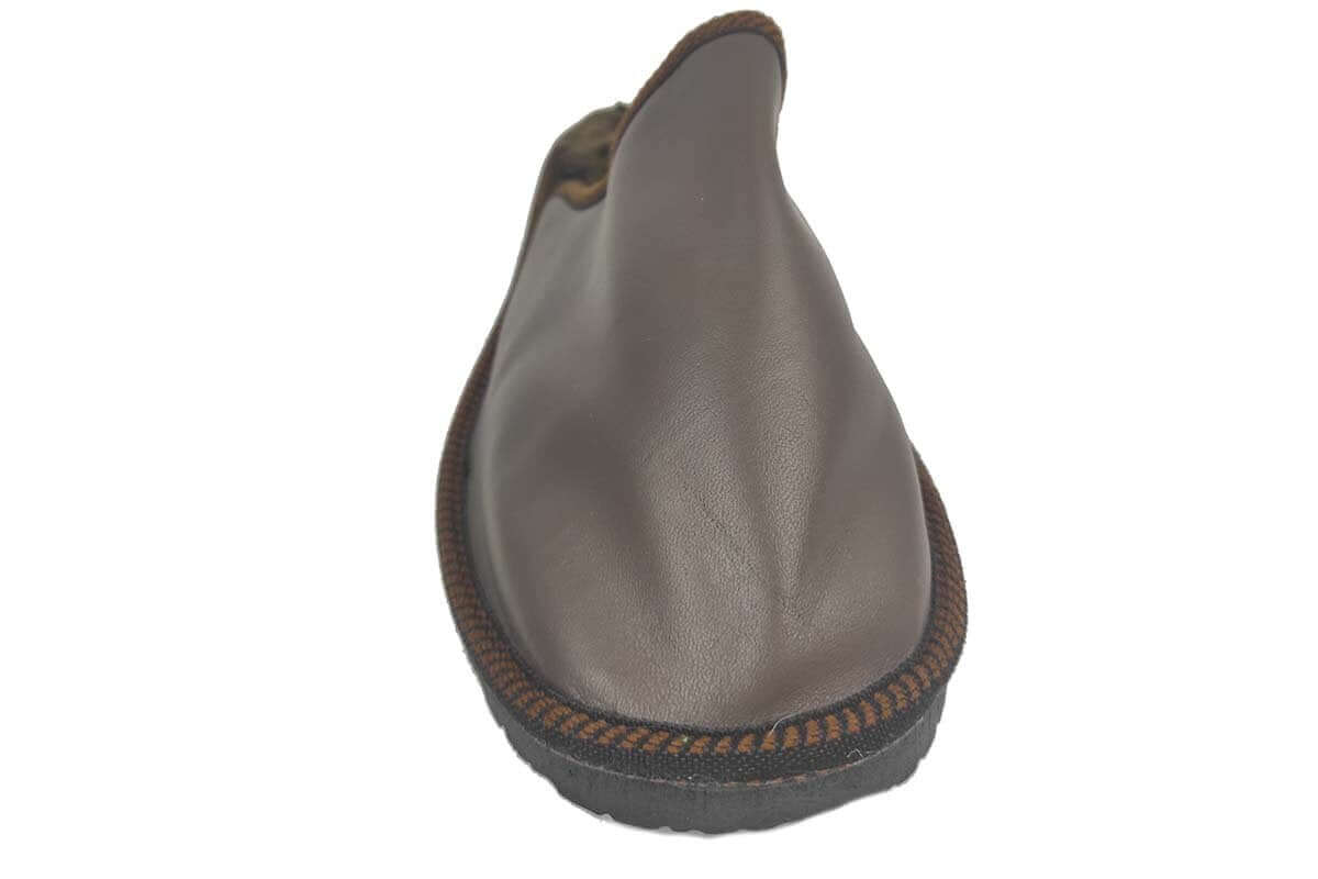 Leather Fur Sheepskin Slippers Brown for Men - Tatifurs, showing the front view of luxurious brown genuine leather slippers.